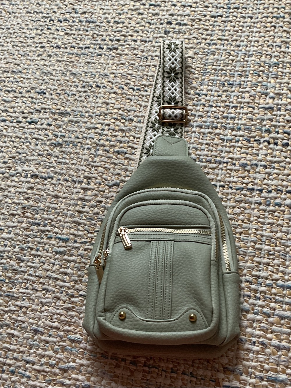 Amazon Sage Green Pebbled Crossbody Sling Bag with Patterned Strap